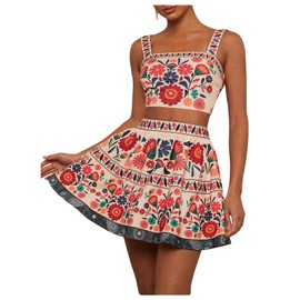 Milumia Women's 2 Piece Outfit Boho Floral Crop Cami Top High Waist Ruffle Short Skirt Set, Beige, Small