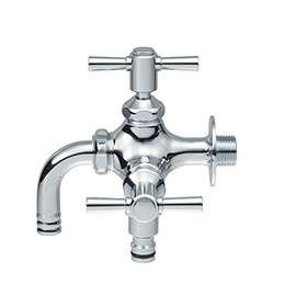SANEI F126YV-13 Two Outlet Horizontal Faucet for Irrigating, Nominal 13, One-Touch Connection, Water Tap Faucet, 2 Prong Two Outlet Faucet, Silver