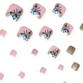 Blue Butterfly Press on Toenails White French Tip False Toenails with Gold Glitter Design Glossy Short Square Acrylic Toe Nails Reusable Full Cover Toe Nails for Women Girls