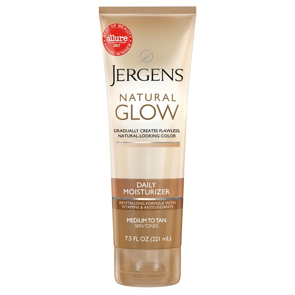 Jergens Natural Glow Sunless Tanning Lotion, Self Tanner, Medium to Tan Skin Tone, Daily Moisturizer, 7.5 Ounce, featuring Antioxidants and Vitamin E (Packaging May Vary)