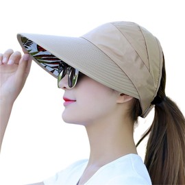 Panchitalk Women Sun Visor Hat, Wide Brim UV Protection Ponytail Sun Cap Adjustable Summer Beach Hat for Outdoor Sport, 56-60cm(Khaki)