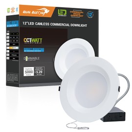 Run Bison 12 Inch Recessed LED Commercial Downlight with J-Box, Wattage Adjustable 30/40/50W,3 Color Selectable 3000K-5000K, 120-277V,0-10V Dimmable,IC Rated,Canless LED Downlight,ETL Listed-1PK