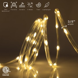 WYZworks 20ft Warm White LED Outside Rope Light - 8 Modes, Waterproof Permanent Outdoor Accent Lighting w/Remote, Flexible Clear Tube, ETL Certified, Exterior Christmas Patio Palm Tree Yard Ambient