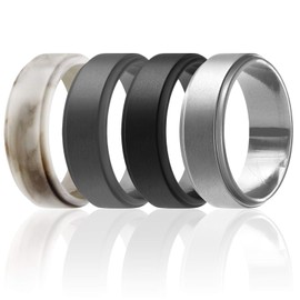 ROQ Silicone Rubber Wedding Ring for Men, Comfort Fit, Men's Wedding Band, Breathable Rubber Engagement Band, 8mm Wide 2mm Thick, Step Edge, 4 Pack, Marble, Black, Grey, Silver, Size 7