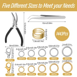 Pack of 1443 Jump Rings for Jewellery Making, Metal Open Rings and Lobster Clasps Kit with Jump Ring Pliers, Tweezers, Jump Rings Opener, Jewellery Accessories Kit, DIY Bracelets Crafts (Silver and