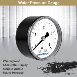 UHARBOUR Pressure Gauge Water 0-4 Bar, Pressure Gauge 1/4 Inch, Pressure Gauge Compressed Air Bracket on the Back, Compressed Air Pressure Gauge 1/4 BSP Brass Connection