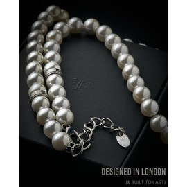 Forge & Foundry Men's Shell Pearl (Man-Made) Necklace with Polished Stainless Steel or 18k Gold-Plated Stainless Steel Artist-Designed Custom Beads - Sizes - 10mm | 8mm | 6mm [Fortier] (10mm pearl - polished stainless steel clasp)