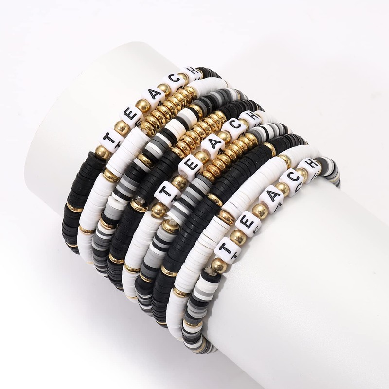 NLCAC 9 Pack Heishi Teacher Bracelets Stackable Rainbow Heishi Teach