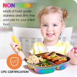 MIMORE Stainless Steel Kids Plates - 5 Pack Toddler Plates with Lids - Non Toxic & Divided Plates