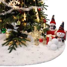 Climafusion Christmas Tree Skirt, 90cm Large White Christmas Tree Skirt Decorations with Silver Snowflake, Xmas Faux Fur Tree Skirt, Christmas Decorations for Holiday Tree Ornaments, L White-Silver