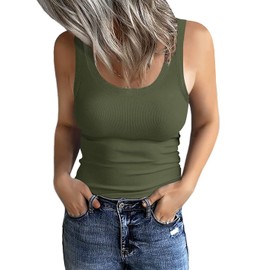 GEMBERA Women's Sleeveless Scoop Neck Ribbed Tank Tops Fitted Basic Cami Tee Shirts(Olive Green,XL)
