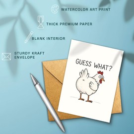 Podagree Guess What Chicken Card – Funny Farm Animal Greeting for Friends and Family – Hilarious Just Because, Birthday, or Congratulations – Blank Inside – Envelope Included - 8x5.3 Inch