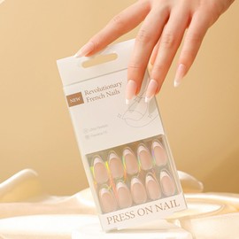 30Pcs Handmade Nails Press on Nails Medium Almond SWEKKE French Tip Fake Nails Nude Full Cover White Nail Tip False Nails with Designs Glossy Glue on Nails Manicure Acrylic Nails for Women Girls