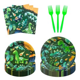 zczsosomo 108 Pcs Dinosaur Plates Napkins and Forks Tableware Set Dinosaur Theme Birthday Party Supplies Dinosaur World Disposable Dinnerware Birthday Baby Shower Kids Party Decorations Serve 27