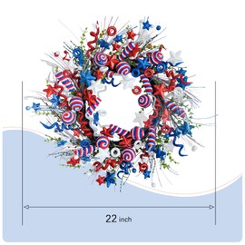 vivimemo 22 inch Patriotic Wreath for Front Door Decoration Artificial Red White Blue Stars Spiral Decor 4th of July Wreath for Memorial Day Independence Day Indoor Outdoor Decoration