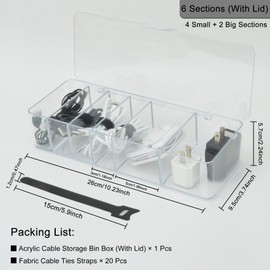 Electronics Organizer 6 Sections Clear Acrylic Cable Storage Bin Box Cord Holder with 20 PCS Reusable Fastening Fabric Cable Ties Straps Cord Wraps (6 Sections/With Cover)