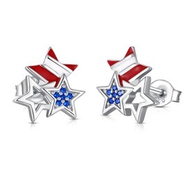 Silver USA American Flag Earrings - Patriotic Star Ears Stud Fourth of July Windmills Independence Day Hoop Jewelry Gift for Women Veterans, one size, Sterling Silver, Cubic Zirconia