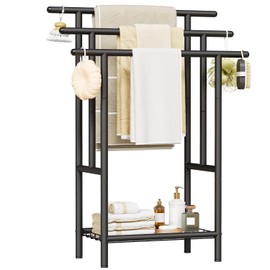 Free Standing Towel Racks for Bathroom, 3-Layer Towel Drying Rack with Storage Rack, Black Metal Towel Rack Stand, 12" W x 25.8" L x 39.4" H, UXJMJ002B