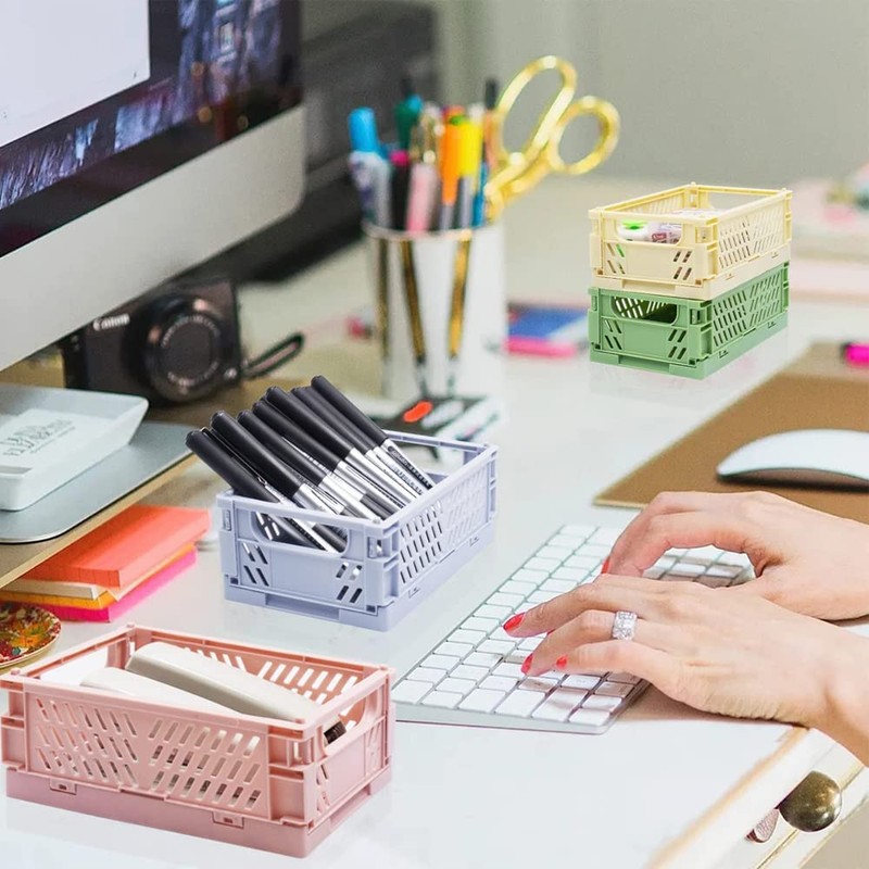 Tianlong 4pcs Mini Foldable Desk Crates Storage Box, Plastic Stackable