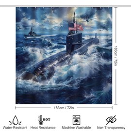 TOWINSFB 4Pcs American Flag Submarine Shower Curtain, Military Airplane Sea Wave Shower Curtain Sets with Toilet Lid Cover, U-Shaped Mat and Non-Slip Rugs, Bathroom Decor Set, 72" x 72"