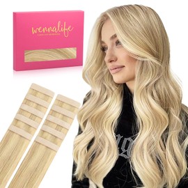 WENNALIFE Tape Extensions Real Hair Light Blonde Highlights Golden Blonde 10 Pieces Tape-In Extensions Real Hair 30 g 55 cm Invisible Hair Extensions Real Hair Invisible Straight Tape Refill Pack for
