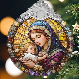 Mother Mary and Baby Jesus Glass Ornament with Ribbons & Gift Box, Nativity Scene Christmas Ornaments for Christmas Tree, Christians Gifts for Women, Friends, Sisters, Catholic Ornaments Decorations