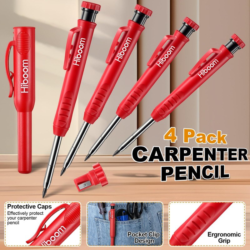 Hiboom 4 Pack Carpenter Pencils with 36 Refills (Red, Black,