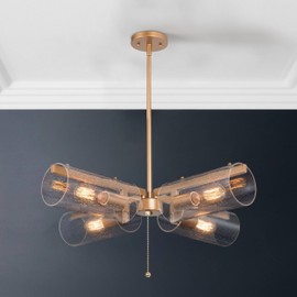 KSANA Gold Chandelier, Modern 4-Lights Semi Flush Mount Ceiling Light with Pull Chain, Large Kitchen Light Fixture with Seeded Glass for Dining Room, Hallway, Foyer and Bedroom