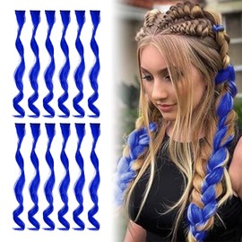 TOFLANTUR 12 PCS Blue Clip in Hair Extensions, Crazy Hair Day Accessories, Curly Rainbow Hair Extensions Party Highlights, Gifts for Kids, 17 Inch(Sapphire Blue)