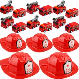 Flotory 24 Pcs Fireman Party Favors Inlcude 12 Plastic Firefighter Hat 12 Mini Pullback Fire Trucks Toy Engine Car Fire Chief Hat for Kids Firefighter Birthday Party Supplies Bag Filler Gift