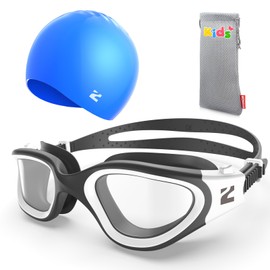 ZIONOR G1MINI Swimming Goggles Children's Swimming Cap, Polarised Anti-Fog UV Protection Swimming Goggles for Girls and Boys (Years 8-14) (Blue Swimming Cap, Black/White, Clear/No, Polarised)
