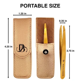 Beauty Power Professional Tweezers in Case - Slant, Durable Lightweight German Stainless Steel, Ultra Precision Tweezers for Eyebrows, Facial Hair, Chin, and Ingrown Hair Removal - Gift (Gold)