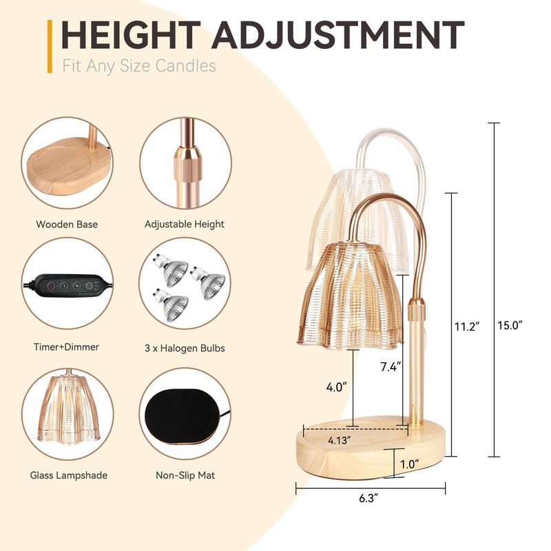 TOACSUCP Candle Warmer Lamp with 3 Bulbs, Adjustable Height Dimmable