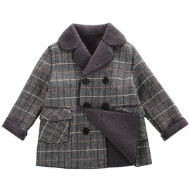 amropi Boy's Pea Coat Faux Wool Double Breasted Trench Jacket Warm Plaid Peacoat Grey Plaid, 5-6 Years