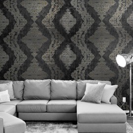 Black Gray Silver Gold Metallic Victorian Damask Faux Fabric Textured Wallpaper
