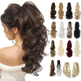 Felendy Ponytail Extension, 18" Claw Clip in Ponytail Extensions Curly Wavy Ponytail Hair Extension Jaw Clip on Long Pony Tails Hairpiece for Women Synthetic Dark Brown Mix Ginger