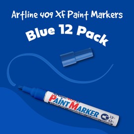 Artline 409XF Paint Markers for Wood, Glass, and Plastic, Waterproof Marker for Indoor/Outdoor Applications, Opaque Permanent Markers Chisel Tip 2.0-4.0mm - Blue, 12 Pack