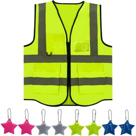 Adult High Visibility Vest with Pockets and Zip Security Vest with 8 Star-Shaped Reflective Labels Reflective Jacket for Outdoor Use (Green)