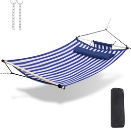 TegerDeger Anti-flip 12FT Hammock Large Hammock 450LB Capacity with Iron Spreader Bar & Nylon Rope for Outside, Patio, Garden, Backyard, Beach - Blue Strips