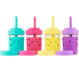 Elk and Friends Kids + Toddler Glass Cups | The Original 8oz Glass Mason Jar with Sleeves + Lids | Silicone Straws + Stopper | Smoothie Cup | Food Storage | Spill Resistant | Dishwasher Safe | 4 Pack