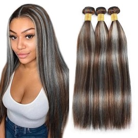 Ombre Human Hair Bundles Gray Bundle P4/Grey Straight Bundles Human Hair 24 26 28 Inch Two Tone Dark Brown And Gray Ombre Bundle Hair Weave Silky Soft Remy Hair Extensions