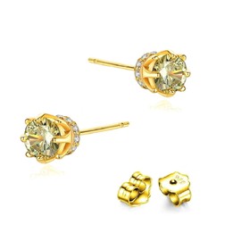 Bellitia Jewelry 925 Sterling Silver Gold-Plated Crown Stud Earrings with Cubic Zirconia, Green Stone Earrings for Women Girls, Sterling Silver, Cubic Zirconia
