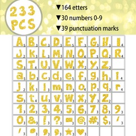 233Pcs Glitter Bulletin Board Letters, Numbers and Punctuation, with Adhesive Dots, for Classroom Numbers Alphabet Poster Board Letters Display School Decoration (Gold)