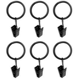 MTQY 6PCS Black Metal Curtain Rings with Clips Set Heavy Duty Window Roman Rod Curtain Hook for 1 Inch Diameter Curtain Rod