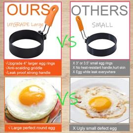 4 Packs Large 4 Inch Sqaure Egg Ring Round Egg Rings for Griddle Frying Egg,4" Non-stick Stainless Steel Square Egg Mold Round Omelet Ring With Silicone Insulated Handle Oil Brush & Egg Separator