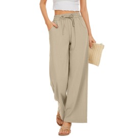 KICZOY Women Summer Pants Flowy Pants Drawstring Waist Wide Leg Palazzo Beach Pants Loose Fit with Pockets Beige