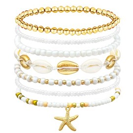 Kotkiddy Bohemian Stackable Heishi Surfer Bracelet Set for Women Elastic Shell Starfish Friendship Bracelets for Summer Beach Parties Holidays