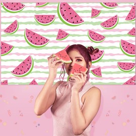 Watermelon Backdrop for Photography Boys Girls Newborn, Pink Green Stripes Photo Background Baby Shower Birthday Summer Fruits Theme Party Backdrops Banner Studio Booth Props Decor