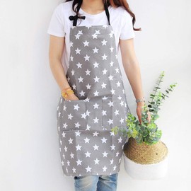 Kitchen Apron for Women, Adjustable Cooking Apron with Two Large Pockets, Cotton Canvas Star Pattern, Adult Apron for Housework (Grey)
