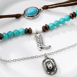 Boho Vintage Turquoise Beaded Chain Western Necklace Set for Women Leather Rope Ethnic Retro Cowboy Cowgirl Boot Hat Pendant Layered Choker Bohemian Stack Charm Country Concert Outfits Jewelry, one